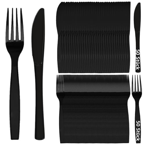 Plastikbesteck, 100 Stück Plastikbesteck Set, 50 Plastikgabeln 50 Plastikmesser Besteck Schwarz Party Besteck Wiederverwendbar für Familie...