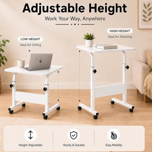 Image of Ant Esports Bravo LT400 Multipurpose Height Adjustable Laptop Table with Wheels, Rolling Computer Desk, Portable Study Table, Home Office Desk, Mobile Workstation, White Top with White Metal Frame