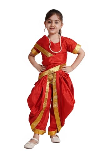 Image of Kaku Fancy Dresses Marathi Girl Lavni Folk Dance Costume with Jewellery for Kids - Red, 10-12 Years