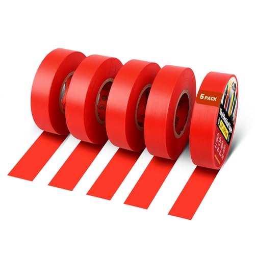 Image of RED WOLF Red Electrical Tape 3 /4 Inch x 66 Ft Industrial Grade UL /CSA Listed 7 Mil Thick Flame Retardant High Temp Waterproof Electrical PVC Tape Electric Super Vinyl Rated 600V 5 Pack