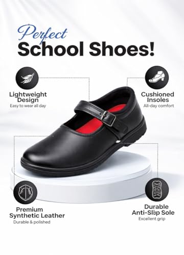 Image of Girls School Shoes, Black Leather, Adjustable Buckle Strap, Anti-Slip Sole, Cushioned Footbed