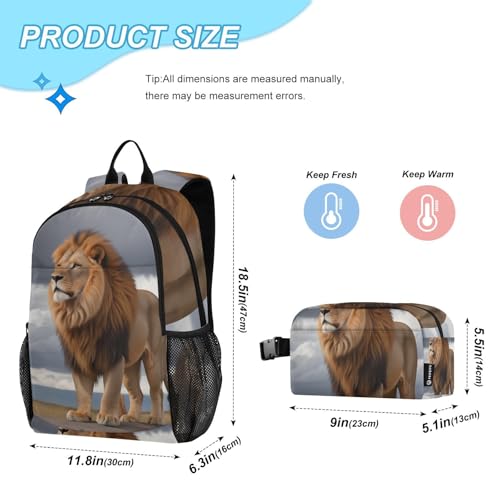 Travel Backpack Lunch Bag Set for Hiking Picnic, Backpacks with Insulated Lunch Box Standing Lion Print2