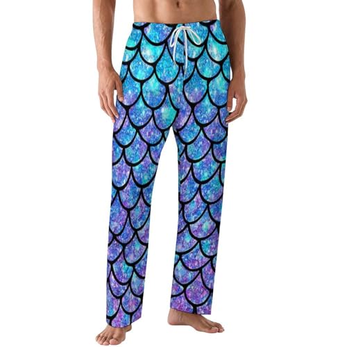 Bagea-Ka Ombre Mermaid Teal Purple Pattern Mens Pajama Pants Lounge Sleep Long Pants with Pocket Loungewear