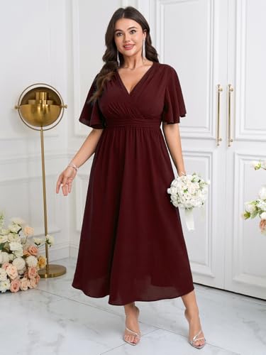 Womens Plus Size Wrap V Neck Dress Short Flutter Sleeve Pleated Empire Waist Ruffle A Line Maxi Long Dresses3
