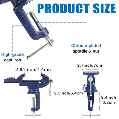 MUXHEL Vice 70mm, Bench Vice Clamp 360° Swivel Base Vices for Workbench, Heavy Duty Work Bench Clamp Table vice for Small DIY Craft Projects Sanding Drilling Welding-Blue 2 MUXHEL Vice 70mm, Bench Vice Clamp 360° Swivel Base Vices for Workbench, Heavy Duty Work Bench Clamp Table vice for Small DIY Craft Projects Sanding Drilling Welding-Blue - Image 2