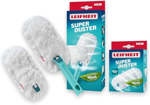 Leifheit SUPERDUSTER mit Ersatzbezug, Staubwedel verlängerbar, waschbar mit 360 Grad -Mikrofasertextil, kompatibel mit Click-System, waschen statt wegwerfen