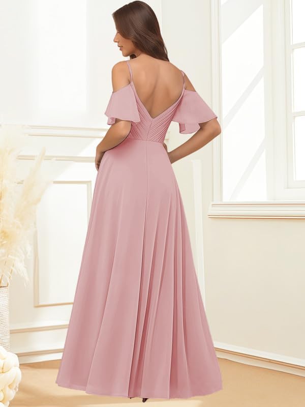 Chiffon Bridesmaid Dresses for Women Off Shoulder Spaghetti Straps Long Formal Evening Dress with Slit - Image 2