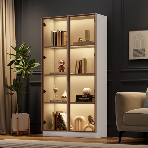 Soweiz Vitrina de cristal blanco con iluminación LED de 16 colores, vitrina de doble puerta con estantes móviles, 80 x 40 x 160 cm, armario alto para salón, vitrina de pie