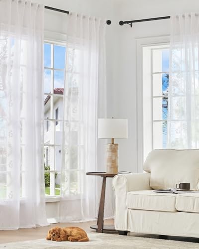 Image of jinchan Floral Linen Curtains, Back Tab 50x84 Inch, 2 Panels White