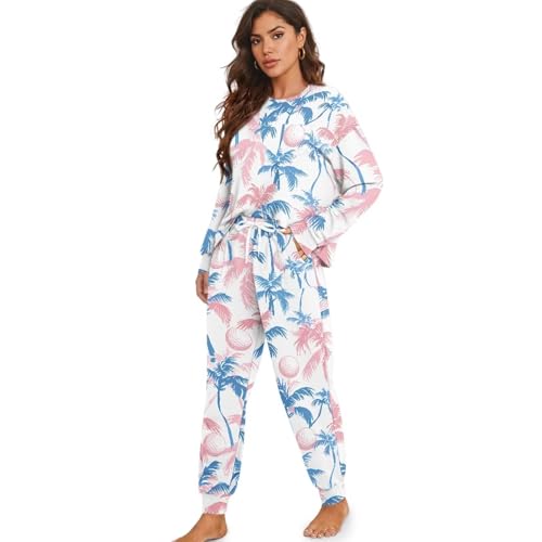 Image of Womens Lounge Set Long Sleeve Soft Pajama Sets Casual 2 Piece Pj Outfit Crewneck Sleepwear with Pockets Plus Size