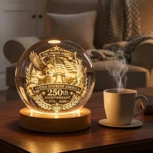 Image of 250 Anniversary Usa Merchandise, Personalized 250th Anniversary Crystal Ball Night Light, Custom 1776-2026 USA LED Lamp, Engraved Patriotic Gift, American Independence Decor Light for Desk Home