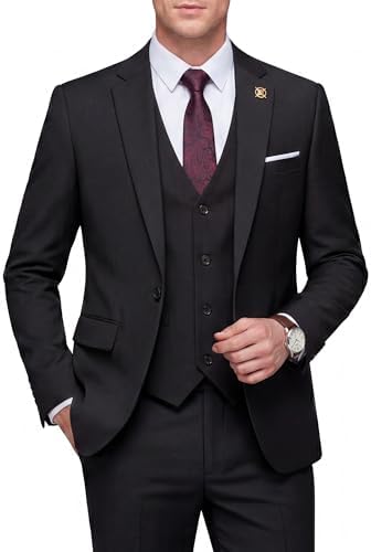 WULFUL Men's Slim Fit 3 Piece Suit, One Button Solid Blazer Busin...