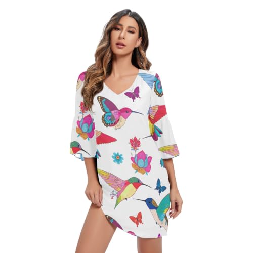Robe de plage imprimée colibri en mousseline de soie blanche à col V