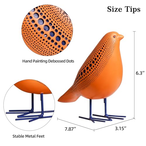 Quoowiit Bird Figurine, Modern Sculpture and Statues for Home Decor, Animal Statues for Bookshelf, Table, Entryway, Fireplace, Resin Decorative Sculpture with Chic Polka Dots Art Design (Orange)