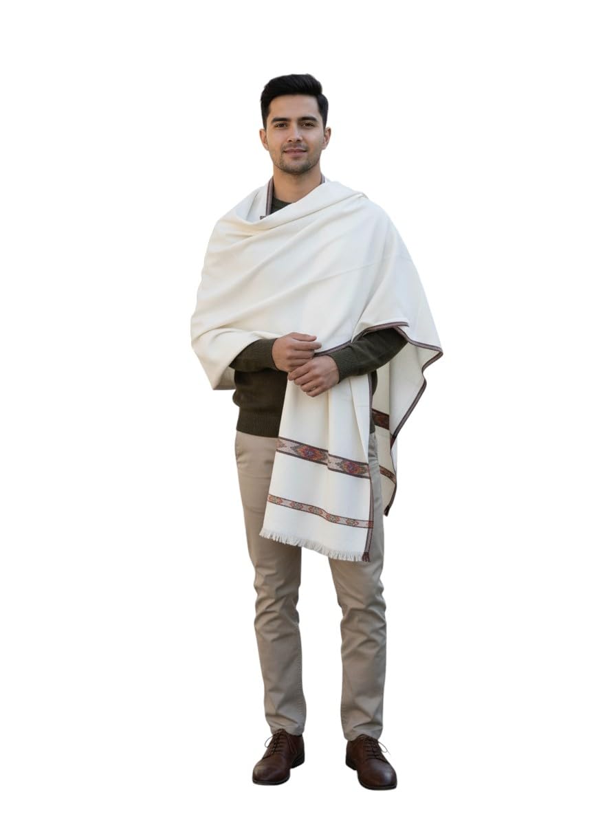 KAVIM White Wool Solid Men's Kullu Border Shawl KA-SWL-65-image-11