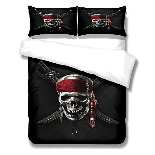 LOVEXOO Ensemble Housse de Couette Pirate Squelette 220x240cm Lavable Souple 3 Pcs en 100% Polyester Imprim Parure Dessus de Lit Microfibre 2 Taies d'oreillers Housse de Coussin Cover