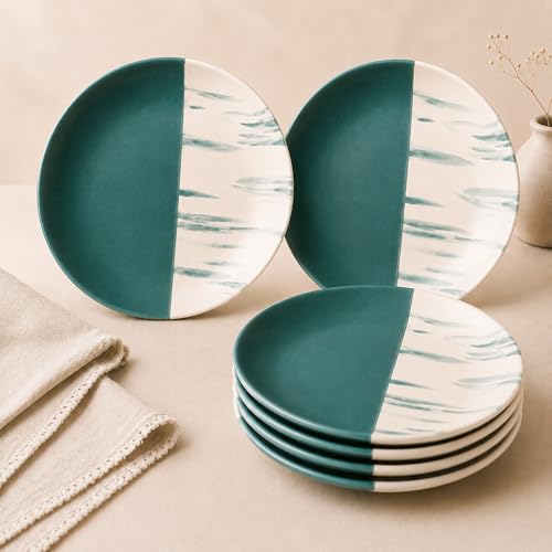 Image of The Earth Store Dual Tone Teal Italian 7 Inch Ceramic Quarter Plates Set of 6 | Microwave & Dishwasher Safe Plate | Half Plate for Dessert, Snacks, Dinner | Snack Plates for Gifting, Daily Use