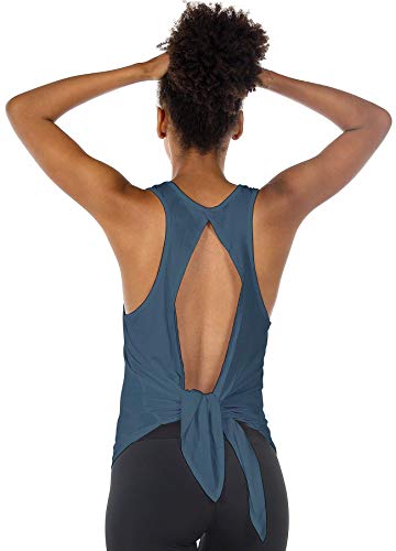 icyzone Open Back Workout Tops for Women - Athletic Activewear Shirts Exercise Yoga Tank Tops (XL, Harbor Blue)