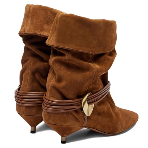 Seborluys Womens Brown Suede Ankle Kitten Heel Boots Slouchy Ankle Booties Pointed Toe Wide Calf Fold Over Slouch Cowboy Boots Low Heel Slip On Causal Dressy Comfortable Short Booties,Size 8.5 by Seborluys - Image 5