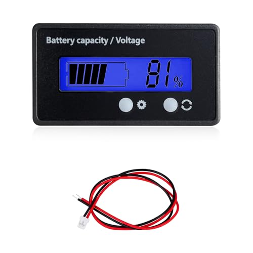 Xiqaler DC 12V 24V 36V 48V 60V 72V 84V Battery Meter, Front Setting Battery Capacity Voltage Indicator Gauge with Alarm, LCD Display Voltmeter Acid and Lithium ion Indicator for Most Cars (Blue)