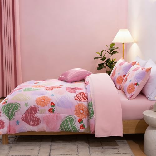 Image of A Nice Night 6 Piece Comforter Set Bed in a Bag with Comforter & Sheet Set,Watercolor Pink Bow Hearts Flower Strawberries Printed Bedding Sets Kids Girls,Twin