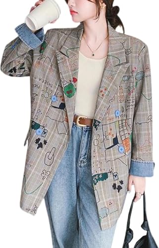 Goolecrimp Lässiger Blazer für Damen mit Graffiti Print Langärmliger Blazer mit Revers für Damen Modischer lockerer eleganter Blazer fürs Business (Grau,XL)