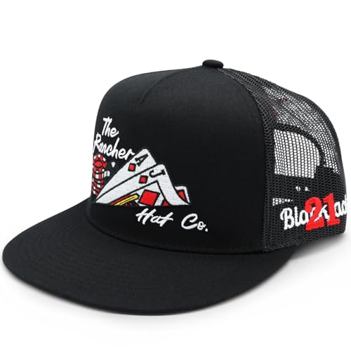 The Rancher Hat Co. 21 Blackjack Western Trucker Hat - Flat Bill Snapback Cowboy Cap with Poker Card & Chip Design, High Profile, Adjustable Mesh Back Hat for Men & Women
