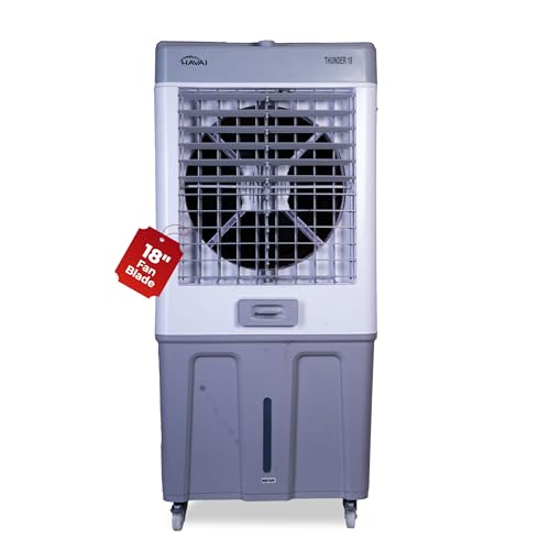 Image of HAVAI Thunder 18 Desert Cooler | 18 inch Heavy-Duty Aluminium Fan Blade | 110 Dia 35mm Powerful Motor | Auto Swing | 3-Side Honeycomb | 20 Ft Air Throw | 100L Tank | 1-Year Motor Warranty | White & Grey