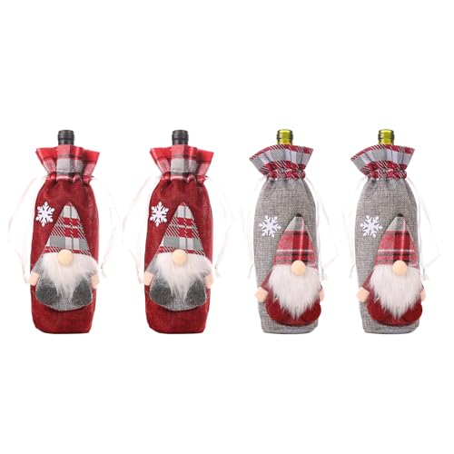 Bolsas para botellas de vino navideñas de arpillera con cordón ajustables, 4 uds.
