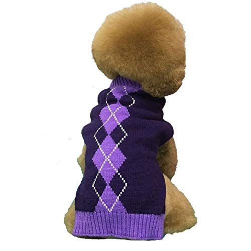 Argyle Knit Pet Sweaters Clothes For Small Dogs, Classic Purple Medium M Size #TOP2