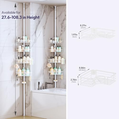 SWTYMIKI Duschregal Teleskop Dusche Teleskopstange - 4-Tier Teleskop Eckregal Dusche mit Seifenhalter, Zahnbürstenhalter und 4 Haken, verstellbarer Edelstahl Duschablage Ohne Bohren Ecke, 70-275cm
