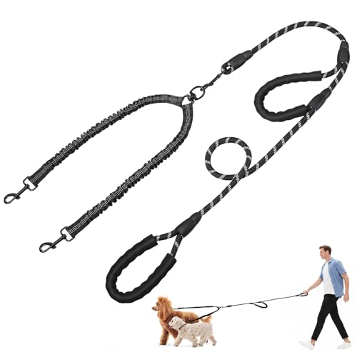 Tivray Double Dog Leash, Dual Dog Leash, 360° Swivel No Tangle Lead for 2 Medium or Large Breeds with Sponge Padded Handles, Heavy Duty Shock Absorbing Bungee for Walking Jogging Hiking, Black