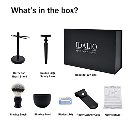 IDALIO® Shaving kit for Men Double Edged Safety Razor Gift Set with Shaving Brush, Elegant Razor Case, Razor and Brush Shaving Stand, Shaving Bowl and Stainless Steel Blades