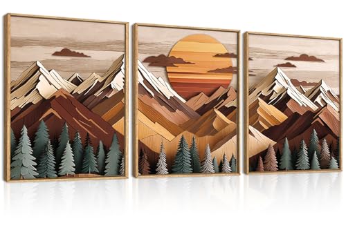 Image of KAIRNE Woodcut Style Mountain Framed Canvas Wall Art Set,Wooden Pine Tree Wall Decor,Vintage Forest Landscape Art Prints,Nature Sunrise Artwork for Living Room,Bedroom,Farmhouse,Office-12 x16 x3