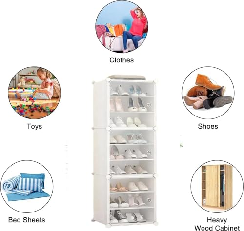 Image of KRISHYAM Portable Shoe Rack Organizer | 9-Tier Plastic Cube Storage Cabinet with 3 Doors | Modular Shoe Tower for Hallway, Bedroom, Closet & Entryway | Holds 18 Pairs | White