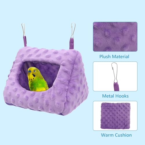 Image of Litewoo Winter Warm Plush Hanging Bird Nest Hammock for Parrots (Purple) | Warm plush, removable cushion, easy clean, metal hooks, for parakeets /cockatiels /budgies /lovebirds /finches, 7.1x6.3x5.5in