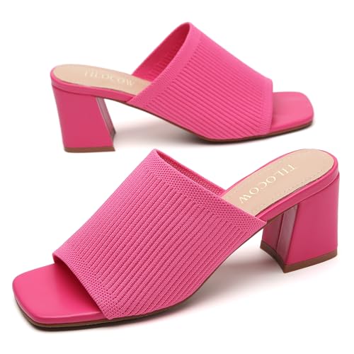 Image of Tilocow Knit Heeled Sandals for Women Square Open Toe Heeled Mules Chunky Block Low Heel Slip On Slides
