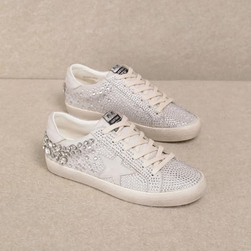 Image of Mi.iM Goldie Women's Vintage-Inspired Lace-Up Sneakers - Rhinestone Star Fashion Sneakers with Distressed Rubber Sole