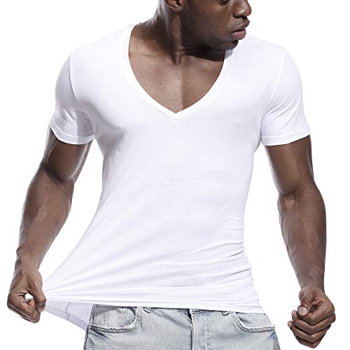Mens Deep V Neck T Shirts Slim Fit Basic Tee Shirt Short Sleeve Sexy Top White L