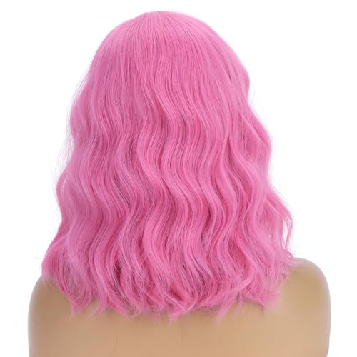 Image of BERON Pink Wig for Women Girls Short Curly Bob Wavy Wig Body Wave 14'' Heat Resistant Synthetic Halloween Cosplay Daily Party Wigs