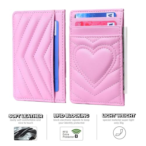 Women's Slim Leather Credit Card Holder Wallet, RFID Blocking, Pink