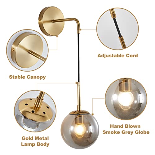 Image of KCO Lighting Modern Glass Globe Wall Sconce Minimalist Gold Wall Mounted Sconce Light with Smoke Grey Lampshade Round Wall Lamp for Bathroom Mirror Bedroom (Smoke Grey-2PC)