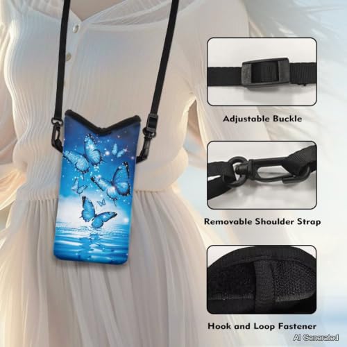 Image of Men Women Small Crossbody Purses Mini Cellphone Pouch Case Phone Carrier Bag with Detachable Adjustable Strap for iPhone 16 /15 /14 /13, Blue Butterfly Water Ripple Print