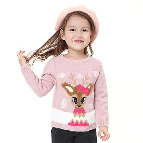 Qiansili Girls Christmas Sweater Cute Funny Reindeer Snowflake Holiday Santa Clause Knitted Cozy Sweater Pink #TOP2
