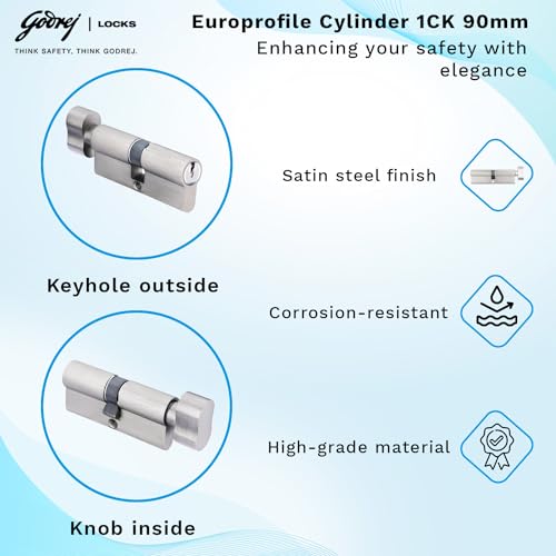 Image of Godrej Pin Cylinder | Europrofile Pin Cylinder | Suitable for Main & interconnecting Doors | 1CK 90mm | Satin Steel Finish | Door Thickness Upto 70mm | 3 Keys | 5 Years Warranty