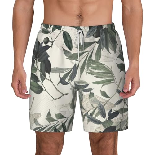 Men's Cute Palm Tree Leaves Print Quick-Dry Mesh Swim Trunks Stretch Lining Beach Shorts Surfing Summer Vacations2