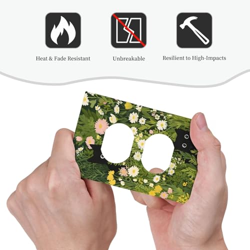 Decorative Outlet Covers Funny Cute Black Cat Colorful Flower Green Plant 1 Gang Duplex Light Switch Cover Plate Wall Plates for Electrical Outlets Switchplate Faceplate for Home Decor