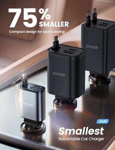Lamicall 3 in 1 Retractable Car Charger Adapter -【2026 Ultra Compact】57W Cigarette Lighter USB Charger, Car Phone Charge with Retractable Type-C Cable/USB C/USB A, 12V/24V Socket for i-Phone, Android - Image 2