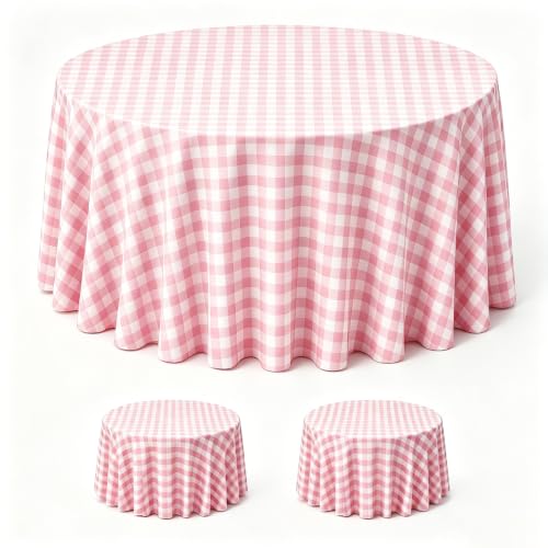 Image of WNINK 2 Pack Pink Gingham Round Tablecloth, 84 Inch Disposable Plastic Table Covers, Pink Checkered Round Table Cover for Birthday Parties, Holiday, Picnic, BBQ, Family Gathering Party Supplies