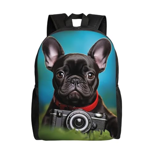 peiyeety Zaino da viaggio per uomo e donna con cucciolo di bulldog francese e macchina fotografica, zaino per laptop da 15,6 pollici, borsa da lavoro impermeabile
